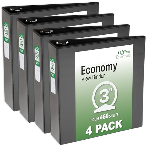 Office Essentials Economy View 3 Ring Binders, 3" Round Rings, 3.5" Spine, 460-Sheet Capacity, Black Binders (4-Pack of 03149) - size: 3"