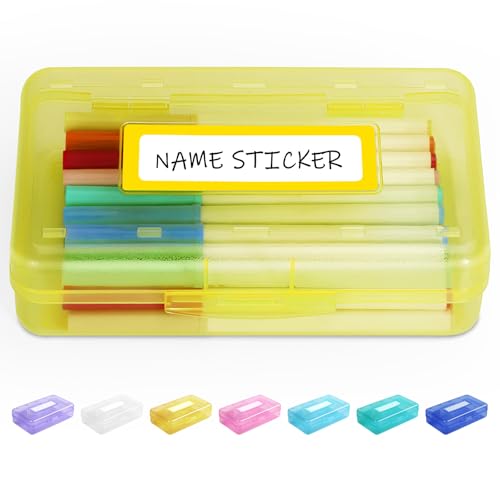 Sooez Pencil Box with Personalized Sticker,Large Hard Pencil Case Organizer | Clear Plastic Crayon Box for Girls and Boys, Colored Marker Organizer, Small Plastic Containers/Bins with Lids, Art Supply - color: Yellow