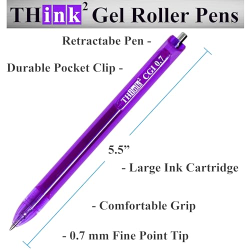 [24 Pens - Purple Ink] Think2 0.7mm CGI Retractable Gel Pens. (24 Purple) Medium Point Rollerball Pens with Smooth Quick Drying Ink. - color: Purple