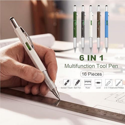 Zhanmai 8 Pcs 6 in 1 Multitool Pen Bulk Gift for Men Multi Tool Pen with Ruler Level Screwdriver Stylus Cool 20 Ink Refill Tool Gadget Birthday Christmas Stocking Stuffer (Green White Gray Blue Brown) - color: Army Green, White, Gray, Light Blue, Brown