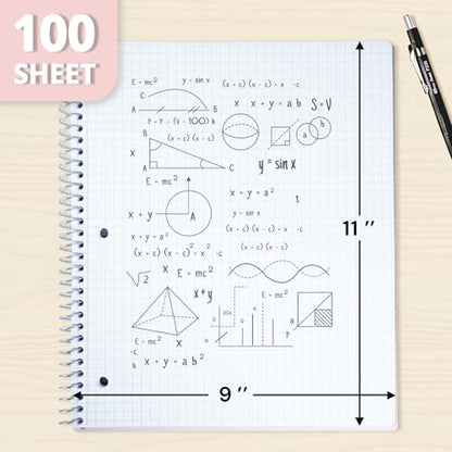 ONAVIA 1 Subject Graph Paper Spiral Notebook 3 Pack, 200 Pages | 100 Sheets, 9 x 11 in, Waterproof Plastic Cover, Durable, 3-Hole Punched, Divider, Double-Sided Pocket - color: Black, Purple, Beige