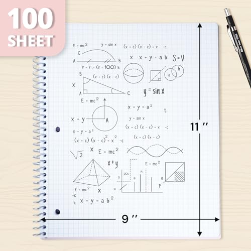ONAVIA 1 Subject Graph Paper Spiral Notebook 3 Pack, 200 Pages | 100 Sheets, 9 x 11 in, Waterproof Plastic Cover, Durable, 3-Hole Punched, Divider, Double-Sided Pocket - color: Green, Pink, Cornflower