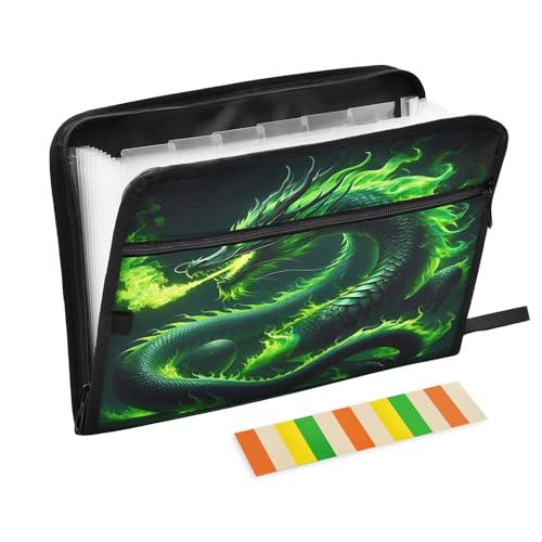 Green Fire Dragon File Organizer 13 Pocket Expanding File Folder with Front Pouch Portable Business Fire Storage Document Organizer Folder with Zipper - color: Green Fire Dragon