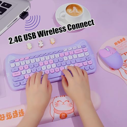 Cute Cat 2.4G USB Wireless Keyboard and Mouse Combo, Silent Keys, Candy Colors, Compatible with Notebook, PC (Purple-84Keys) - color: Purple-84Keys