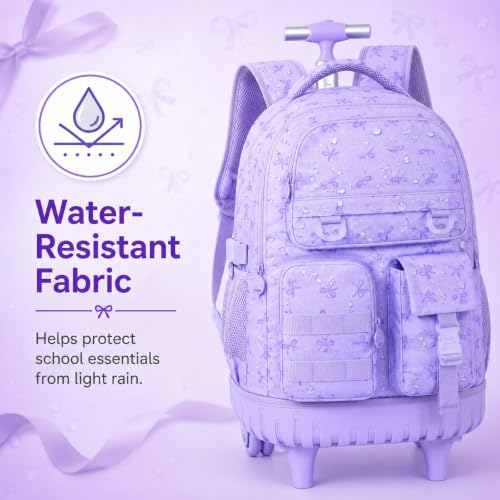 WZLVO 3PCS Girls Rolling Backpack, Water Resistance Roller Bookbag, Women Aesthetic Wheeled School Bag Set with Lunch Box & Pencil Bag for Teens & Kids - Purple Bow - color: 3pcs Girls Rolling Backpack - Purple Bow
