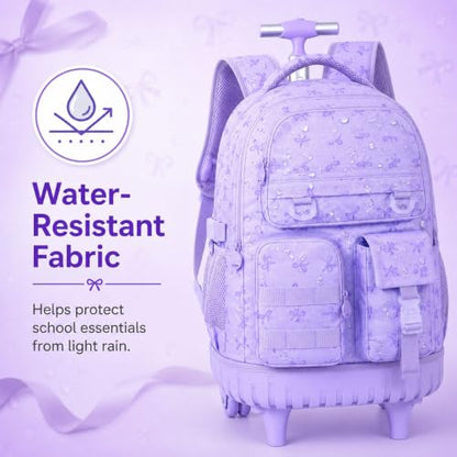 WZLVO 3PCS Girls Rolling Backpack, Water Resistance Roller Bookbag, Women Aesthetic Wheeled School Bag Set with Lunch Box & Pencil Bag for Teens & Kids - Purple Bow - color: 3pcs Girls Rolling Backpack - Purple Bow