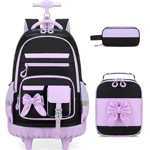 DIGOBAY Rolling Backpack for Girls, Cute Roller School Bag with Wheels, Kids Wheeled Backpacks Set with Lunch Bag Pencil Case for Teen Girls Kindergarten Elementary Middle School - color: Black-purple