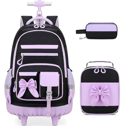 DIGOBAY Rolling Backpack for Girls, Cute Roller School Bag with Wheels, Kids Wheeled Backpacks Set with Lunch Bag Pencil Case for Teen Girls Kindergarten Elementary Middle School - color: Black-purple