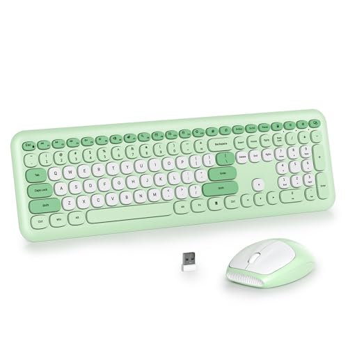 Wireless Typewriter Keyboard and Mouse Combo Retro 104 Key Full Size Office Set Green with Silent Round Keycaps,Ideal for Laptop and Desktop PCs, Cute Design Keyboard (Green White) - color: Green white
