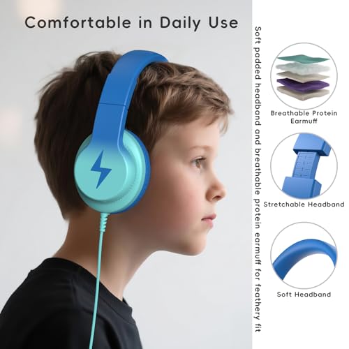 Candy Bila Kids Headphones, Wired Headphones for Kids with Microphone, 85/94dB Volume Limiter Headphone for Girls Boys, Foldable Headphone for Online Study, Gradient Blue - color: Gradient Blue
