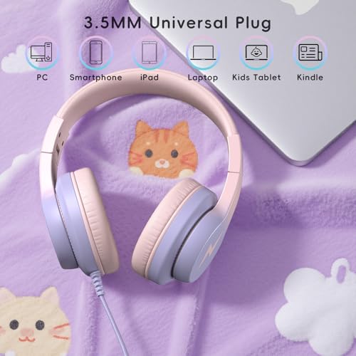 Candy Bila Kids Headphones, Wired Headphones for Kids Over Ear with Microphone, 85/94dB Volume Limiter Headphone for Girls Boys, Foldable Headphone for Learning & Entertainment, Gradient Pink - color: Gradient Pink