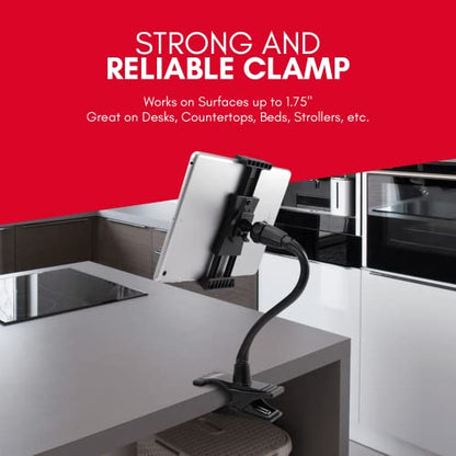Macally Adjustable Gooseneck Tablet Holder & Phone Clip - Works with Phones & Tablets up to 8” - Flexible Phone Holder & Tablet Mount with Clip On Clamp for Desks up to 1.75” Thick (CLIPMOUNT),Black - color: Black