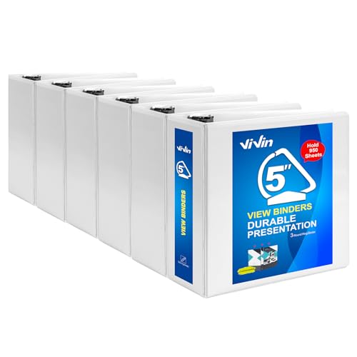 ViVin Durable 5 inch D Ring View Binder, Large 5" Slant-D Ring with 950-Sheet Capacity, Fit 8.5" x 11" Paper, 6 Pack(White) - color: White, size: 5 Inch, style: 6 Pack