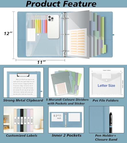 2 Inch 3 Ring Leather Binder Organizer, BVSSX Three Ring Binders with Clipboard, Plastic Folder, 5-Tabs Pocket Dividers with Sticker Labels, Pen Loop, Elastic Strap (Blue, Letter Size) - color: 4-blue, size: 2in（Letter Size）