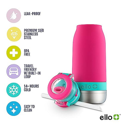 Ello Emma Vacuum Insulated Stainless Steel Water Bottle with Locking Leak Proof Lid and Soft Straw, BPA Free, Tropical Pink, 14oz - color: Tropic Pink