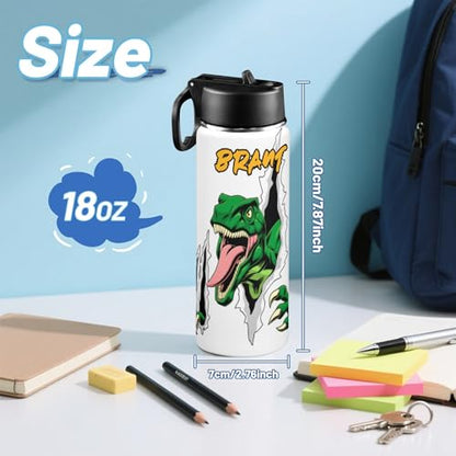 Personalized Dinosaur Water Bottle for Boys, Customized Kids Insulated Bottle with Name for Kids for School, Stainless Steel Thermo with Straw, 18oz - color: Dinosaur