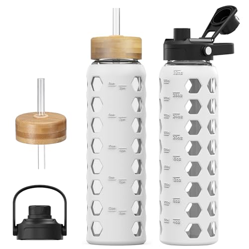 MUKOKO Glass Water Bottle, 32oz, White | Glass Tumbler with Straw, Drinking Bottles with 2 Lids-Handle Spout Lid & Bamboo Straw Lid, Silicone Sleeve, 1 Pack - color: White, size: 32 Ounces