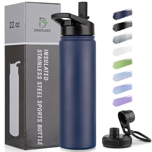 DOMICARE Insulated Water Bottle, 22 oz Vacuum Insulated Stainless Steel Reusable Sports Bottle with Straw Lid & Spout Lid for Travel, Camping, Bike, Leakproof, Navy Blue, 1 Pack - color: Navy Blue, size: 22 Ounces