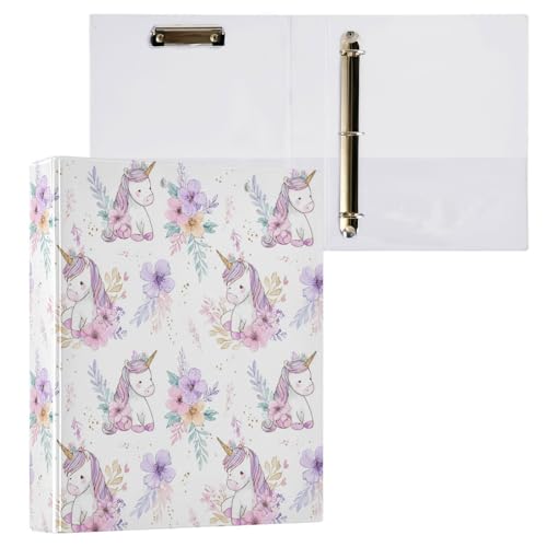 Watercolor Flowers and Cute Unicorn Binder 3 Ring 1.5 Inch Binder with Clipboard&Pockets, Hardcover Binders Heavy Duty Large File Folder for Office School Supplies - Holds 200 Sheets - color: Flowers and Adorable Unicorns, size: 1 Pack-12.4x10.63in