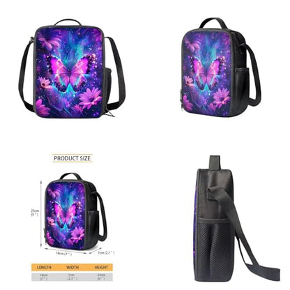 Galaxy Butterfly Backpack for Girls Kids Backpack with Lunch Box Water Bottle Pouch and Soft Pencil Case 4PCS Set Bookbag with Front Pocket for School Teens 17 inch School Bag with Side Pocket - color: Aesthetic Galaxy Butterfly and Flower