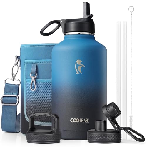 Half Gallon Water Bottle Insulated with Straw & 3 Lids, Coolflask 64 oz Water Jug Large Metal Stainless Steel Wide Mouth for Sports, Gym or Office, Non-BPA Keep Cold 48H Hot 24H, Samurai Cyan - color: Samurai Cyan, size: 64 Ounces