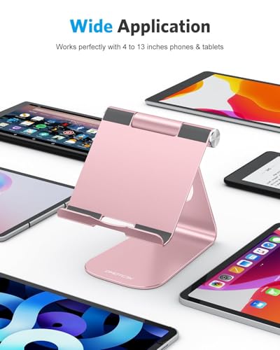 OMOTON T1 Adjustable Tablet Stand for Desk, Aluminum Holder Rose Gold | Solid Metal Build | Charging Cutout | Anti-Slip Silicone Pads | Multi-Angle Adjustable | Fits 3.5-12.9" | Holds Thick Cases - color: Rose Gold