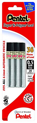 Pentel Super Hi-Polymer Lead Refill (0.5mm) Fine, 2H, 36 Pieces of Lead (C505BP32H-K6) - size: 108 Count (Pack of 1), style: 2H