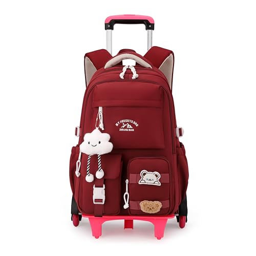 Girls Rolling Backpack for School Elementary, Kids Roller Backpack with Wheels School Bag, Girls Wheeled Bookbag on 6 Wheels, Red - color: 6 Wheels Red