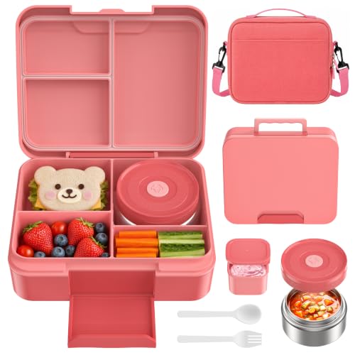 Kids Bento Lunch Box Set with 8.5oz Soup Cup, Leak-Proof Container & Insulated Bag for Kids Girls Toddlers, School Travel - Rose Pink