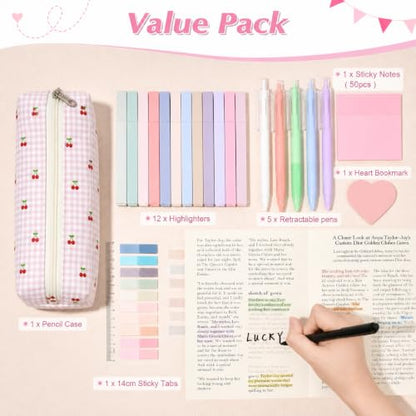 22Pcs Book Annotation Kit Aesthetic Pencil Case with Supplies School Annotation Supplies Gel Pen Transparent Sticky Note Taking Bible Study College Stationery Supplie (Pink Cherry) - color: Pink Cherry