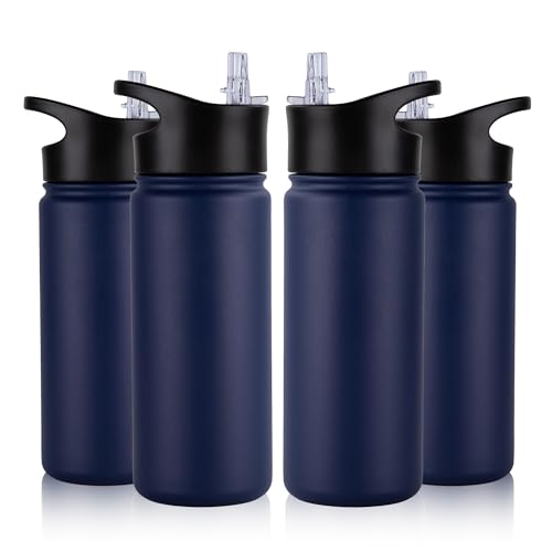 16 oz Insulated Water Bottle Bulk 4 Pack, Straw & Spout Lid, Keep Cold 24H, Spill Proof, BPA-Free, Double Wall, Stainless Steel Kids Water Bottles for School, Sports, Navy Blue - color: Navy Blue, size: 16 Ounces-4
