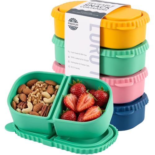 4 Pack Silicone Reusable Snack Containers with Lids - 8 oz Double Compartment Snackle Box for Kids & Adults, BPA-Free & Leakproof, Small for Dressing, School, Office - color: 2-Compartment (4-Pack)