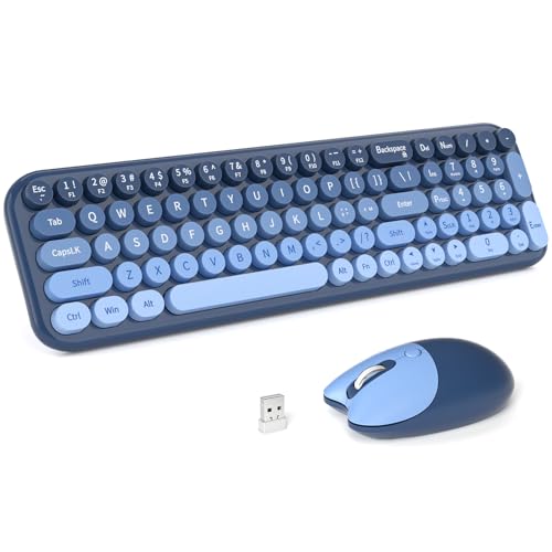 Wireless Keyboards Mouse Combos, 2.4G USB Cordless Keyboard Mouse Set with Colorful Round Retro Keycaps, Cute Typewriter Full-Size Keyboard for PC Laptop Desktop Computer Home Office-Sea Salt Blue - color: Sea Salt Blue-1