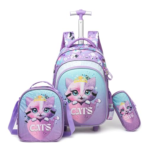Meetbelify Cute Cat Girls Rolling Backpack with Wheels Kids Luggage for Elementary Students Trolley Trip Carry On Bag for Girls Ages 6-8 - color: 01 Cat