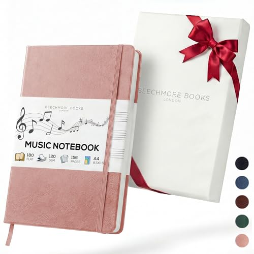 Beechmore Books Blank Sheet Music Notebook – A4 8.5"x11.5" for Songwriters, Musicians & Composers, 156 Thick 120gsm Pages, 10-Staff Perforated Sheets, Vegan Leather Hardcover, Elastic Closure, Gift Box - color: Rose Wood