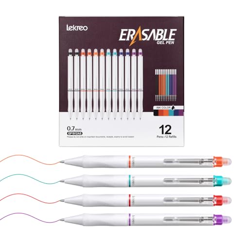 Erasable Gel Pens, 12 Counts Retractable 0.7mm Fine Point Erasable Pens Clicker + 12 Counts Refills, Assorted Color Inks, Make Mistakes Disappear for Writing Planner Drawing and Crossword Puzzles
