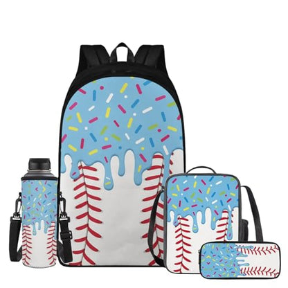 Blue Ice Cream Drip Backpack 4 Piece 17in Baseball Drip Backpack Insulated Lunch Box Pencil Bag with Independent Water Bottle Pocket Simple Elegant School Use - color: Blue