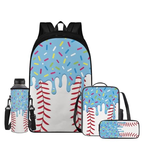 Blue Ice Cream Drip Backpack 4 Piece 17in Baseball Drip Backpack Insulated Lunch Box Pencil Bag with Independent Water Bottle Pocket Simple Elegant School Use - color: Blue