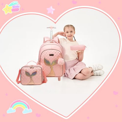 Rolling Backpack for Kids 8-12 Girls Rolling Backpack Kids Trolley School Bag with Wheels Travel Backpacks Carry on Luggage for Girls with Lunch Box Pencil Case - color: Mermaid Pink