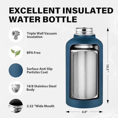 Insulated Water Bottle 64 oz, Triple Wall Vacuum Stainless Steel Water Bottles (Cold for 48 Hrs), Leak Proof & Non-BPA, Half Gallon Water Flask Jug Wide Mouth Straw Lid & Spout Lid - color: Cobalt, size: 64 Ounces