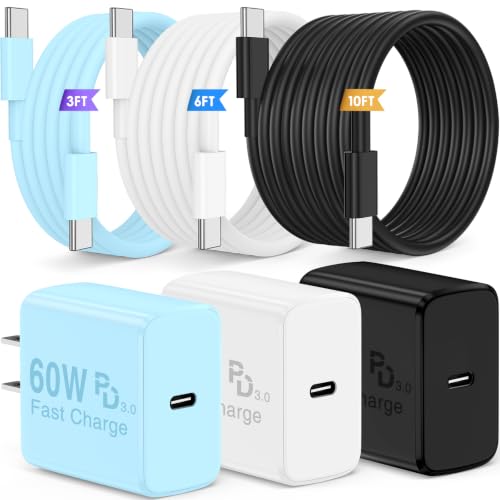 QZIIW Super Fast Charger Type C, 60W Colorful Mixed USB C Fast Charger Block 3 Pack & Extra Long 60W 3/6/10FT USB C Cable - PD Quick Charging 3.0 for iPhone 17 16 15 Samsung Galaxy S26 Ultra S25 S24+ - color: Blue+White+Black