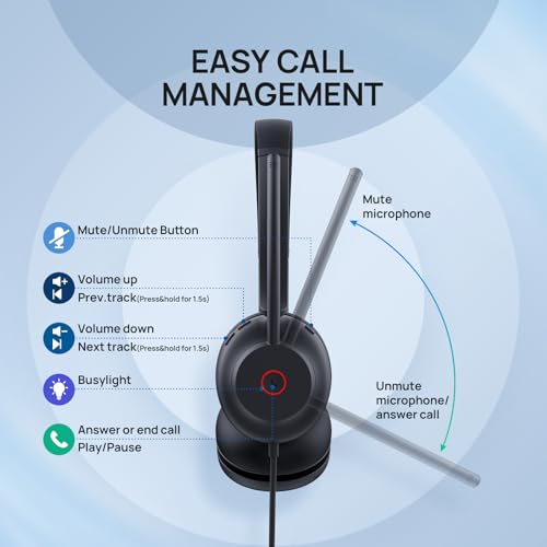 Yealink UH35 USB-C/A Headset with Noise Cancelling Microphone, Wired Headphones for Computer PC, Mute Button, Compatible with Zoom, Google and Other Leading UC Call Platforms