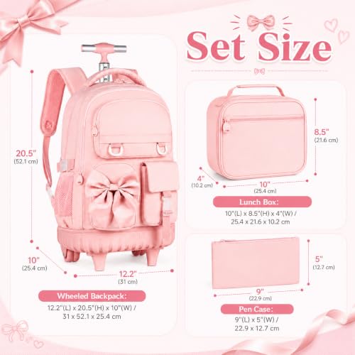 HPJGD 3PCS Girls Rolling Backpack, Pink Bow Tie Wheeled School Backpacks, Water-Resistant Roller Bookbag Set - color: Pink Bowknot Rolling Backpack Set