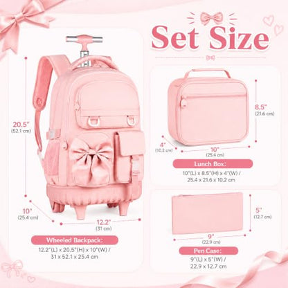 HPJGD 3PCS Girls Rolling Backpack, Pink Bow Tie Wheeled School Backpacks, Water-Resistant Roller Bookbag Set - color: Pink Bowknot Rolling Backpack Set