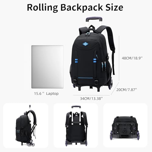 Rolling Backpack for Boys Elementary School Bag with Wheels Travel Trolley Bag 2 wheels and 6 wheels - color: Black/Blue 2 Wheels, size: 2 wheels