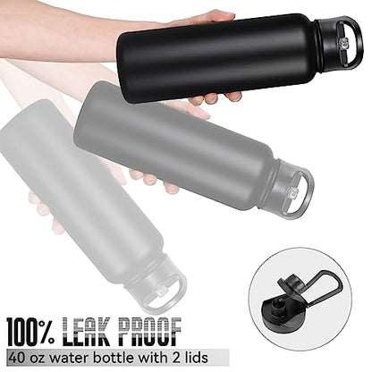 40 oz Insulated Water Bottle with Straw, Stainless Steel Sports Water Bottles with 2 Lids (Straw and Wide Mouth lid), Double Wall Vacuum, Leakproof, BPA-Free, Black - color: Black, size: 40 Ounces