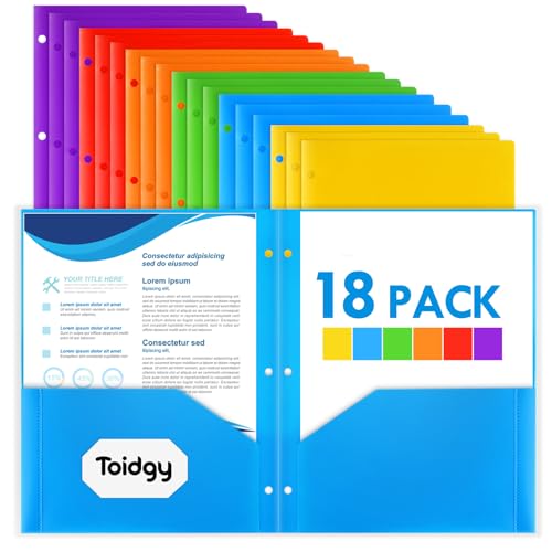 18 Pack 2 Pocket Folders with 3 Holes Punch, Plastic Folder for 3 Ring Binder, Heavy Duty Folder Bulk for Letter Size Paper, Assorted Colors Folder for School and Office Supplies