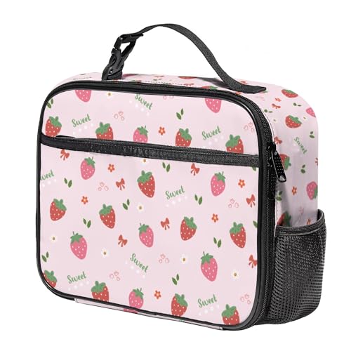 WOBAGMEN Strawberry Lunch Box for Kids, Cute Insulated Lunch Bag for Boys Girls,Waterproof Lunch Box with Water Bottle Holder for Teens Adults Picnic Travel Back to School (Pink Strawberry Bow) - color: Pink Strawberry Bow