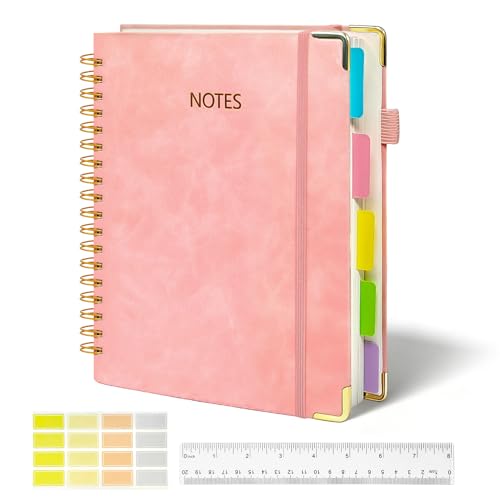 biguphate 1Pack Hardcover Spiral Notebook with Tab, Ruler & Removable Dividers, 300 Pages 8"x10" Large B5 Faux Leather Notebooks, 5 Subject Notebook College Ruled for Work, Home (Pink) - color: 1PACK-Pink