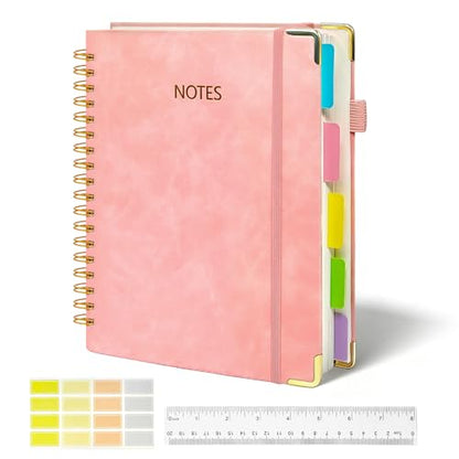 biguphate 1Pack Hardcover Spiral Notebook with Tab, Ruler & Removable Dividers, 300 Pages 8"x10" Large B5 Faux Leather Notebooks, 5 Subject Notebook College Ruled for Work, Home (Pink) - color: 1PACK-Pink